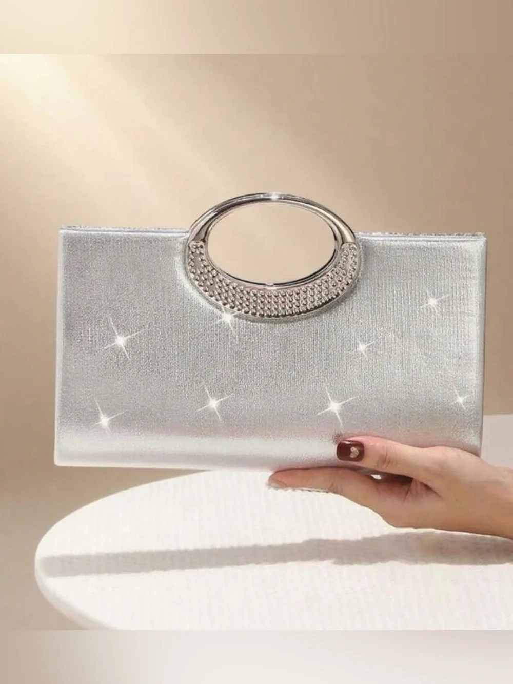 Silver Glitter Evening Clutch with Decorative Handle